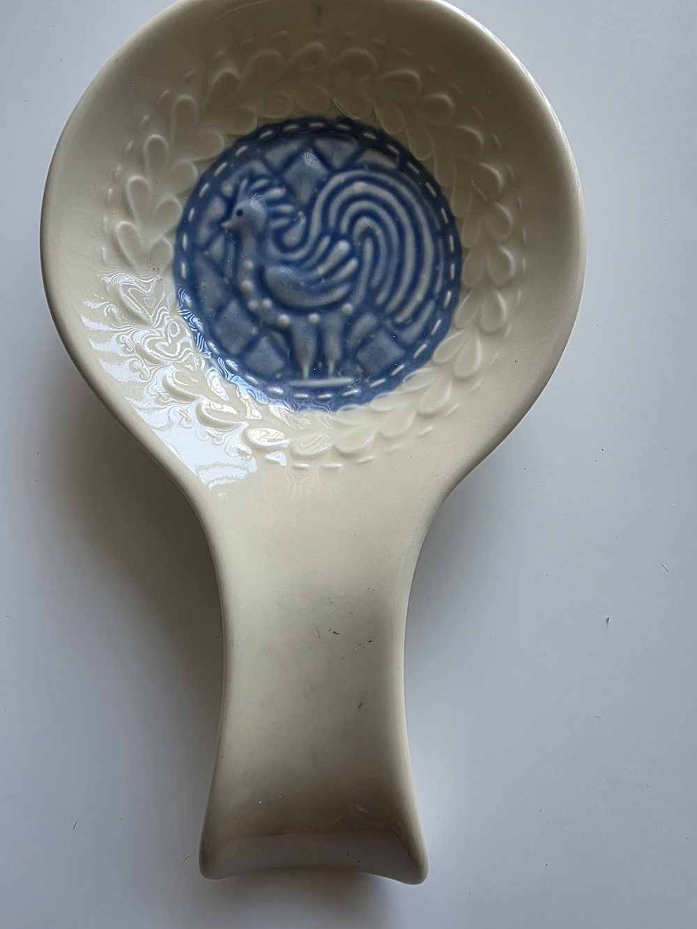 Longaberger Cream Ceramic Spoon Rest with Blue Rooster Design